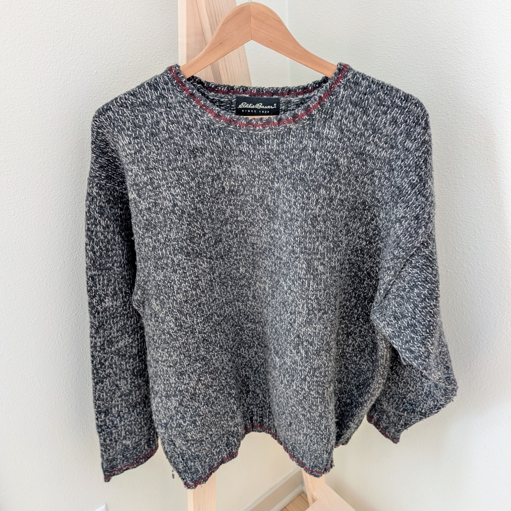 Vintage Eddie Bauer Textured Speckled Wool Blend Crewneck In Gray/Burgundy - Picture 3 of 8